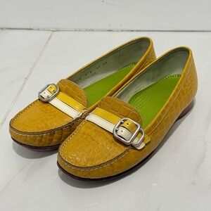 Cole Haan Yellow Croc-Embossed Loafers with Cream Strap & Silver Buckle 6B